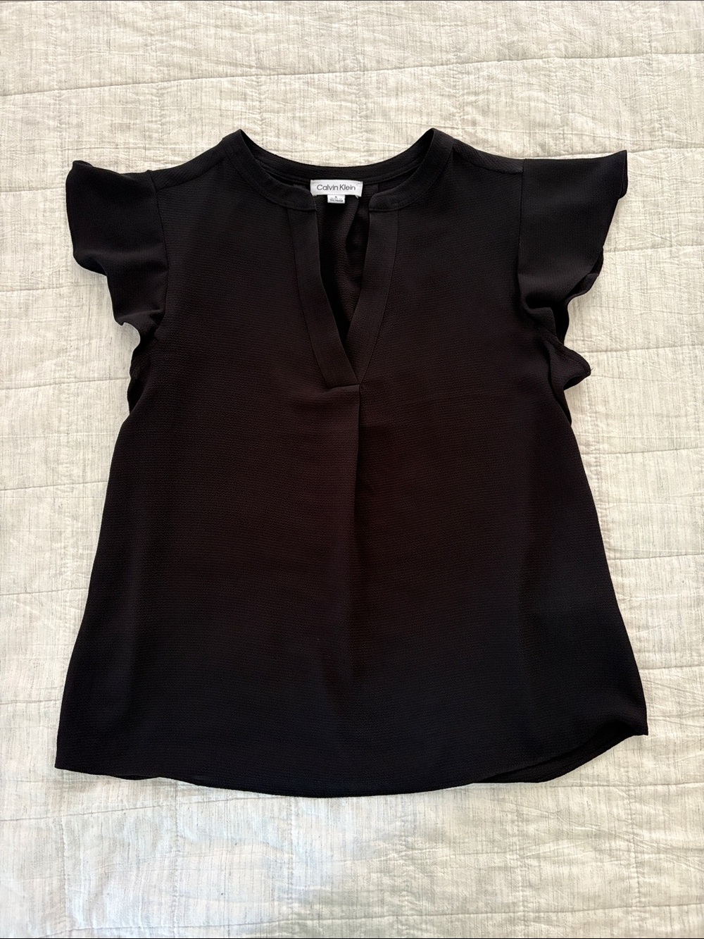 Calvin Klein Black Flutter Sleeve Split-Neck Blouse